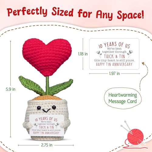 OASSIE 10 Year Anniversary Wedding Gifts for Men Women - Romantic Heart Flower Pot Crochet with Card - Tin Anniversary Couple Gifts for Him Her - Image 3