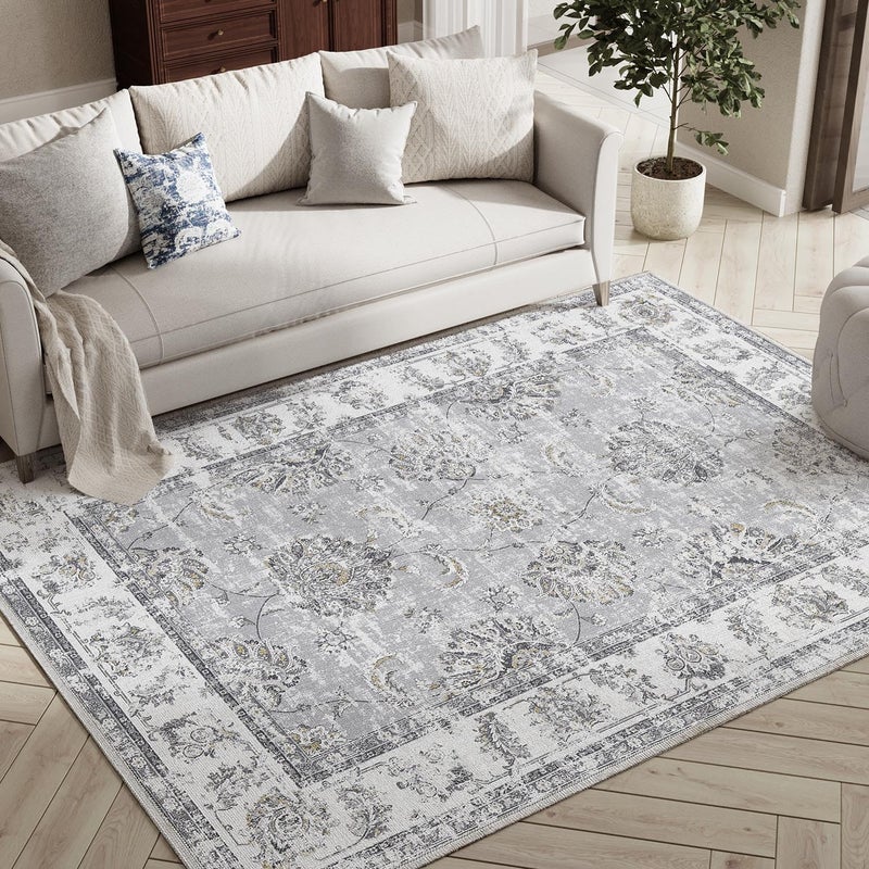 jinchan Area Rug 183x122CM Persian Vintage Carpet Chenille Indoor Thin Accent Grey Floral Print Mat Foldable Floor Cover Non Slip for Living Room Bedroom Dining Room - Image 1