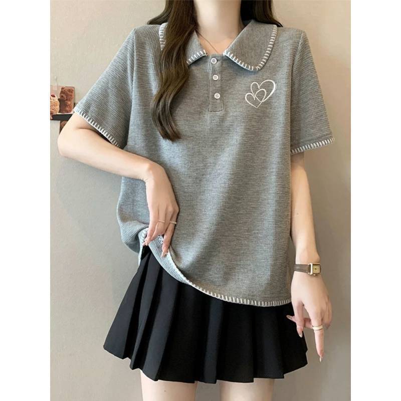 Women'S Plus Size Women'S Belly Covering Collar Age-Reducing Short-Sleeved T-Shirt Women'S Slimming Shoulder Top For Chubby Girls - Image 2