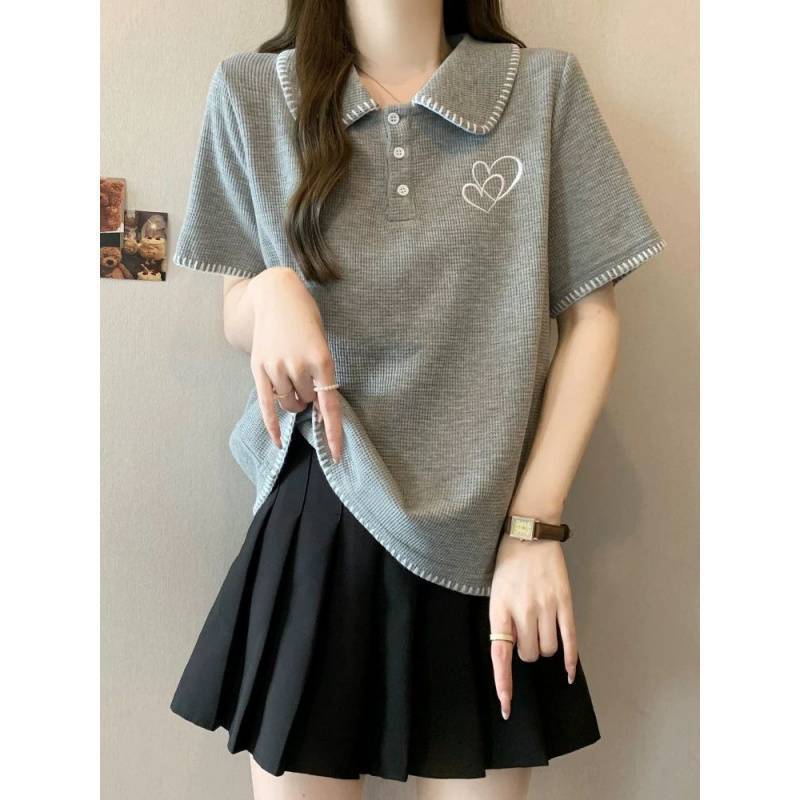 Women'S Plus Size Women'S Belly Covering Collar Age-Reducing Short-Sleeved T-Shirt Women'S Slimming Shoulder Top For Chubby Girls - Image 3