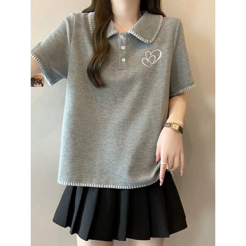 Women'S Plus Size Women'S Belly Covering Collar Age-Reducing Short-Sleeved T-Shirt Women'S Slimming Shoulder Top For Chubby Girls - Image 5