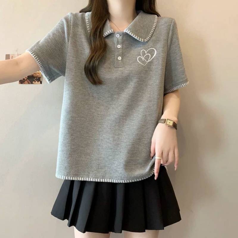 Women'S Plus Size Women'S Belly Covering Collar Age-Reducing Short-Sleeved T-Shirt Women'S Slimming Shoulder Top For Chubby Girls - Image 1