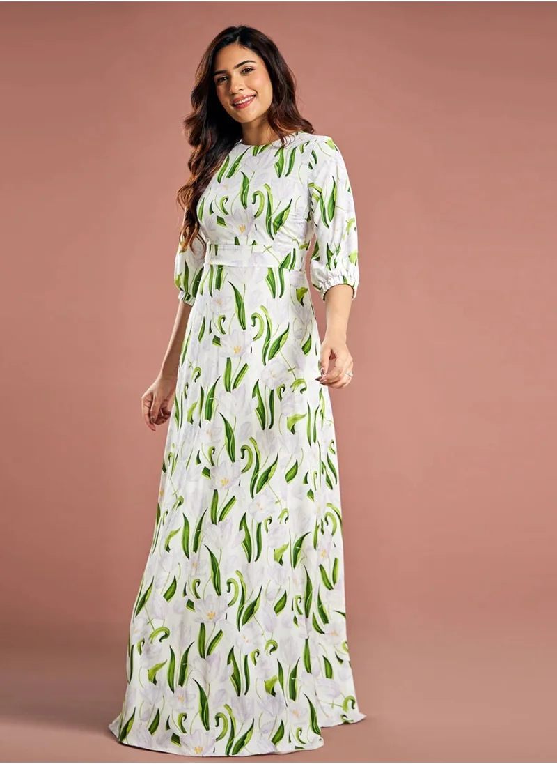 Zigzag Half Sleeve Tulip Printed Maxi Dress