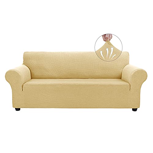 Asnomy Couch Covers for 3 Cushion Couch Stretch Sofa Covers Slipcovers, Pet Protector Furniture Covers for Dogs Cats Spandex Jacquard Fabric Small Checks （Large，Champagne） - Image 1