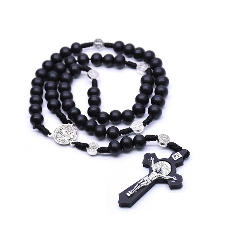 SZQCZB Wooden Rosary Beads Catholic for Men, Saint Benedict Medal and Cross - Comes in Gift Pouch and 18pcs Prayer Cards-Deep Coffee - Image 3