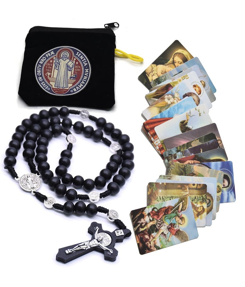SZQCZB Wooden Rosary Beads Catholic for Men, Saint Benedict Medal and Cross - Comes in Gift Pouch and 18pcs Prayer Cards-Deep Coffee - Image 1