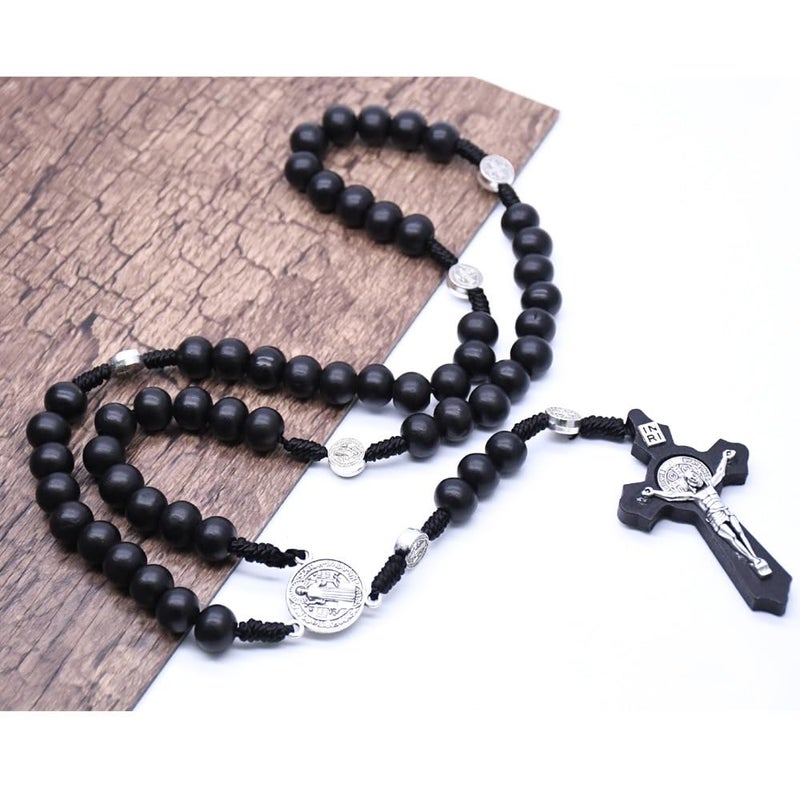 SZQCZB Wooden Rosary Beads Catholic for Men, Saint Benedict Medal and Cross - Comes in Gift Pouch and 18pcs Prayer Cards-Deep Coffee - Image 4