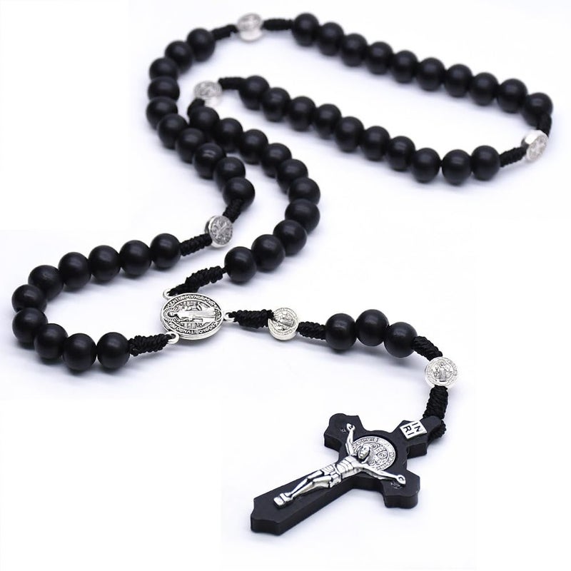 SZQCZB Wooden Rosary Beads Catholic for Men, Saint Benedict Medal and Cross - Comes in Gift Pouch and 18pcs Prayer Cards-Deep Coffee - Image 2