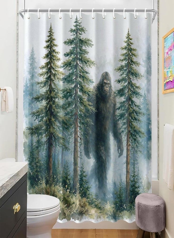 ستارة حمام IOHEFY بتصميم بيغ فوت، مقاس 70.8 × 70.8 بوصة، مزودة بخطافات، بتصميم ساسكواتش يمشي في الغابة، مصنوعة من القماش، لتزيين الحمام، منظر طبيعي للغابة، مناسبة لحوض الاستحمام. - Image 5