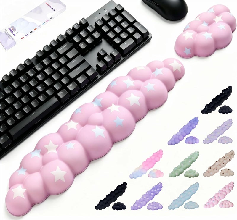 LJYZMD Cloud Wrist Rest Set for Keyboard and Mouse, Includes Cute Coaster, with Computers and Laptops (Pink Colorful Star Set) - Image 1