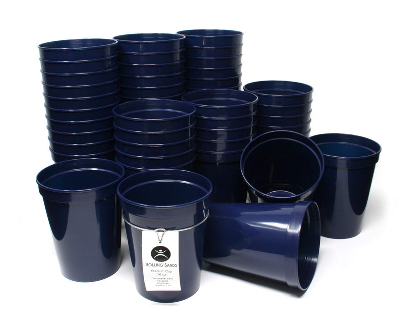 Rolling Sands 16 Oz Reusable Plastic Stadium Cups Bulk 50 Pk USA Made BPAFree Dishwasher Safe Plastic Tumblers Navy