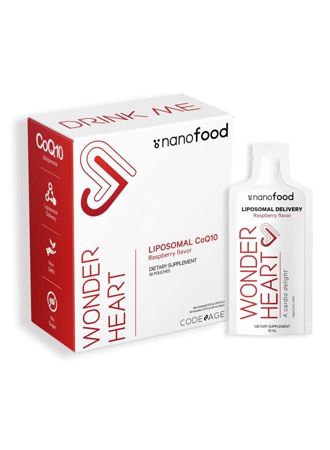 Codeage Wonder Heart Liquid CoQ10 Liposomal Ubiquinone Supplement, Coenzyme Q10 Heart Vitamins, Non-GMO Sunflower Phosphatidylcholine Vegan Blend, Raspberry Flavored Softgel, Pack of 30 Pouches - Image 1