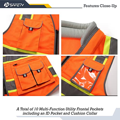 JKSafety 10 Pockets Class 2 HiVis Zipper Front Safety Vest Cushioned Collar High Reflective Tapes with Extended Neon Yellow Strips Meets ANSIISEA Standards Medium 89Orange - Image 3