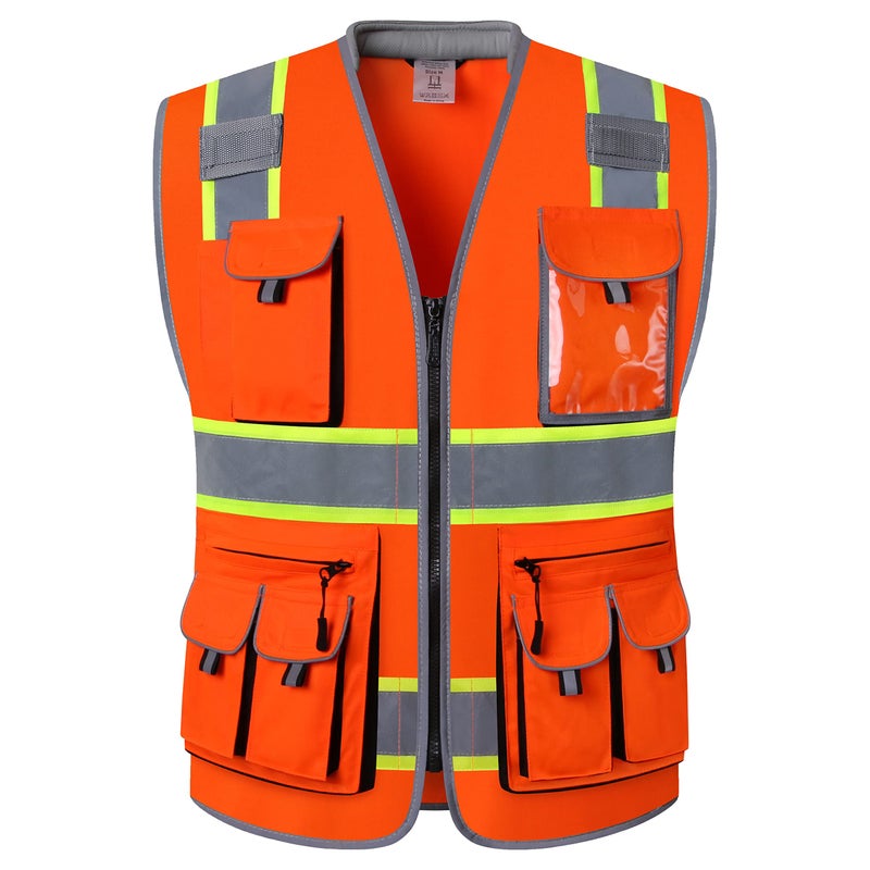 JKSafety 10 Pockets Class 2 HiVis Zipper Front Safety Vest Cushioned Collar High Reflective Tapes with Extended Neon Yellow Strips Meets ANSIISEA Standards Medium 89Orange - Image 2