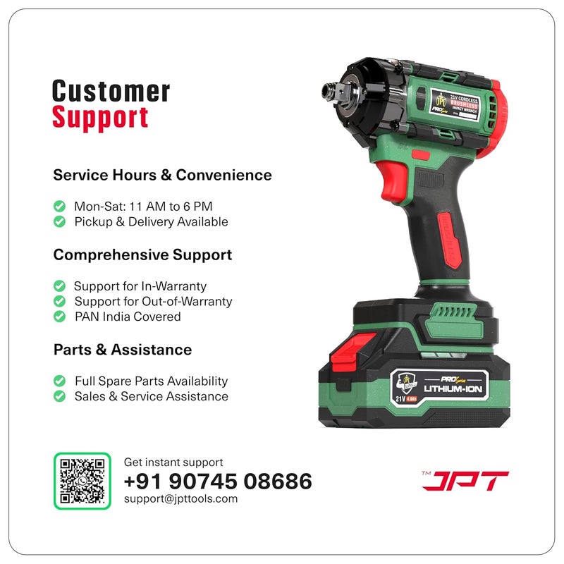 JPT جهاز تأثير لاسلكي بدون فرشاة من سلسلة JPT 12 بوصة، عزم دوران 406 قدم رطل 550 نيوتن متر، عزم دوران عالي 3650 دورة في الدقيقة، مع بطاريتين 40Ah وشاحن سريع، مع ضمان موتور لمدة 18 شهر، باللون الأخضر - Image 3