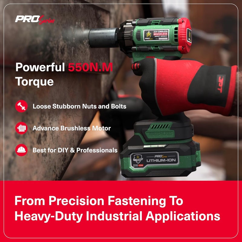 JPT جهاز تأثير لاسلكي بدون فرشاة من سلسلة JPT 12 بوصة، عزم دوران 406 قدم رطل 550 نيوتن متر، عزم دوران عالي 3650 دورة في الدقيقة، مع بطاريتين 40Ah وشاحن سريع، مع ضمان موتور لمدة 18 شهر، باللون الأخضر - Image 2