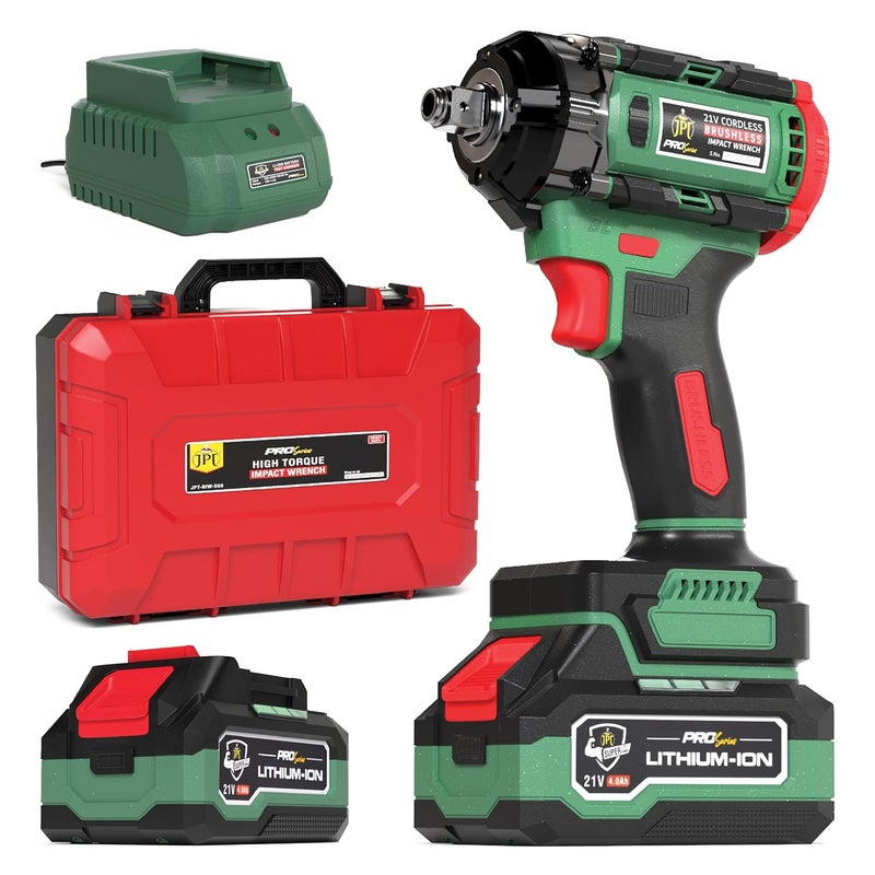 JPT جهاز تأثير لاسلكي بدون فرشاة من سلسلة JPT 12 بوصة، عزم دوران 406 قدم رطل 550 نيوتن متر، عزم دوران عالي 3650 دورة في الدقيقة، مع بطاريتين 40Ah وشاحن سريع، مع ضمان موتور لمدة 18 شهر، باللون الأخضر - Image 1