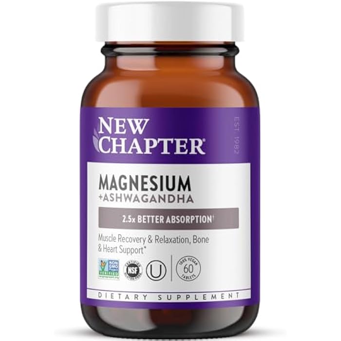 New Chapter Magnesium + Ashwagandha Supplement, 325 mg with Magnesium Glycinate for Muscle Relaxation & Recovery, Heart, Nerve & Bone Health, 2.5X Absorption, Non-GMO - 60 ct (2 Month Supply) - Image 1