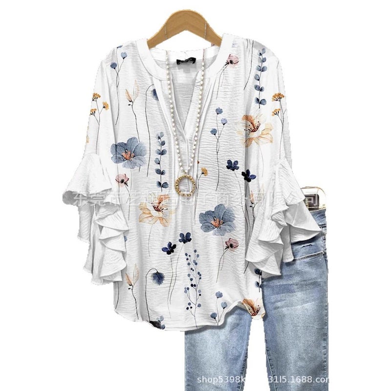 جديد الإبداعي عنصر الزهور طباعة الطباعة الرقمية العادية عصرية V-Neck رافلد حافة تي شيرت للنساء - Image 2
