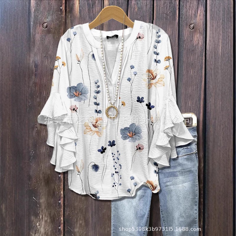 جديد الإبداعي عنصر الزهور طباعة الطباعة الرقمية العادية عصرية V-Neck رافلد حافة تي شيرت للنساء - Image 3