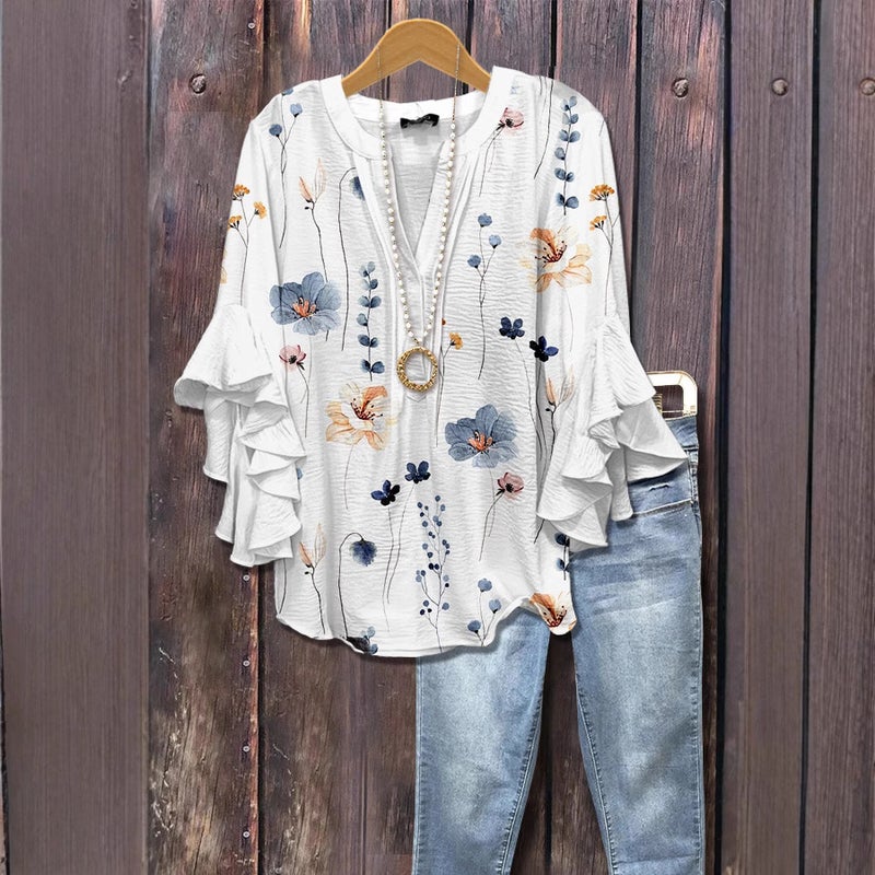 جديد الإبداعي عنصر الزهور طباعة الطباعة الرقمية العادية عصرية V-Neck رافلد حافة تي شيرت للنساء - Image 1