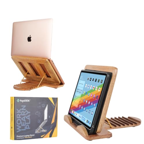 YOGADESK Wooden Tabletop iPad Tablet MacBook Ergonomic Foldable Laptop Stand | iPad Air Pro MacBook HP Dell| Adjustable Height Sturdy Lightweight 10-14 inch for Corporate Gifts (Walnut-sheesham) - Image 1