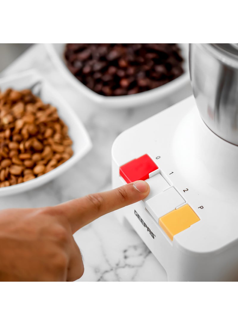 GEEPAS 300 G Food Processor, Suitable for Grinding Coffee Beans, Spices, Nuts, Etc| Equipped with Grinder Cup, Lid and Stainless Steel Blades| Perfect for Kitchen Use| 2 Years Warranty 0.3 kg 600 W GCG286N White/Silver - Image 3