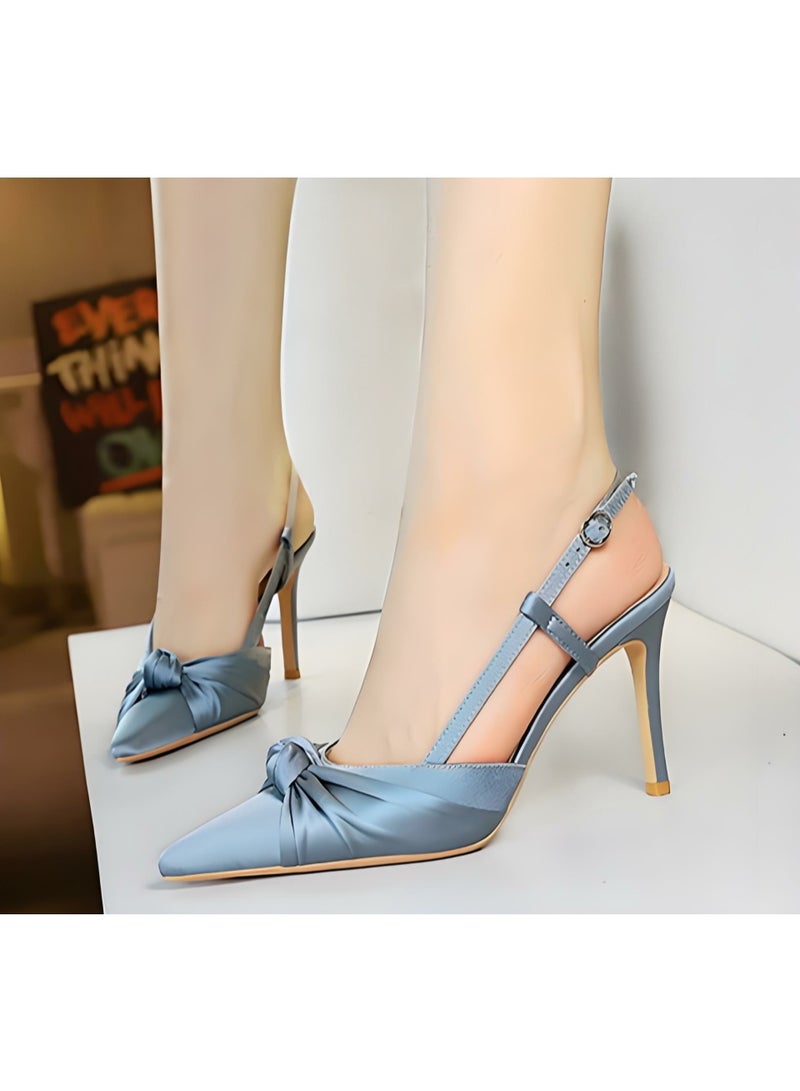 بيج تري المرأة الساتان مغلقة موجهة إصبع القدم مضخات سلينغباك كعب عالية الصنادل الغبار الأزرق 9CM - Image 3