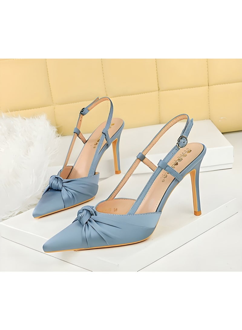 بيج تري المرأة الساتان مغلقة موجهة إصبع القدم مضخات سلينغباك كعب عالية الصنادل الغبار الأزرق 9CM - Image 1