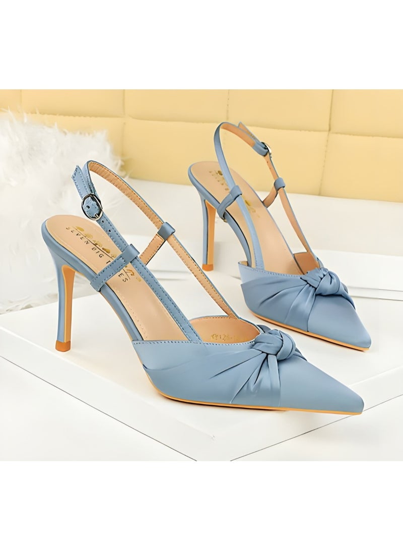 بيج تري المرأة الساتان مغلقة موجهة إصبع القدم مضخات سلينغباك كعب عالية الصنادل الغبار الأزرق 9CM - Image 2