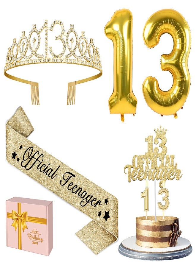 YeohJoy 13th Birthday Decorations for Girls, Including 13th Birthday Crown/Tiara, Candles, Official Teenager Sash and Cake Topper, Number 13 Balloons Gold, Teen Girl Gifts for 13th Birthday Decorations - Image 1