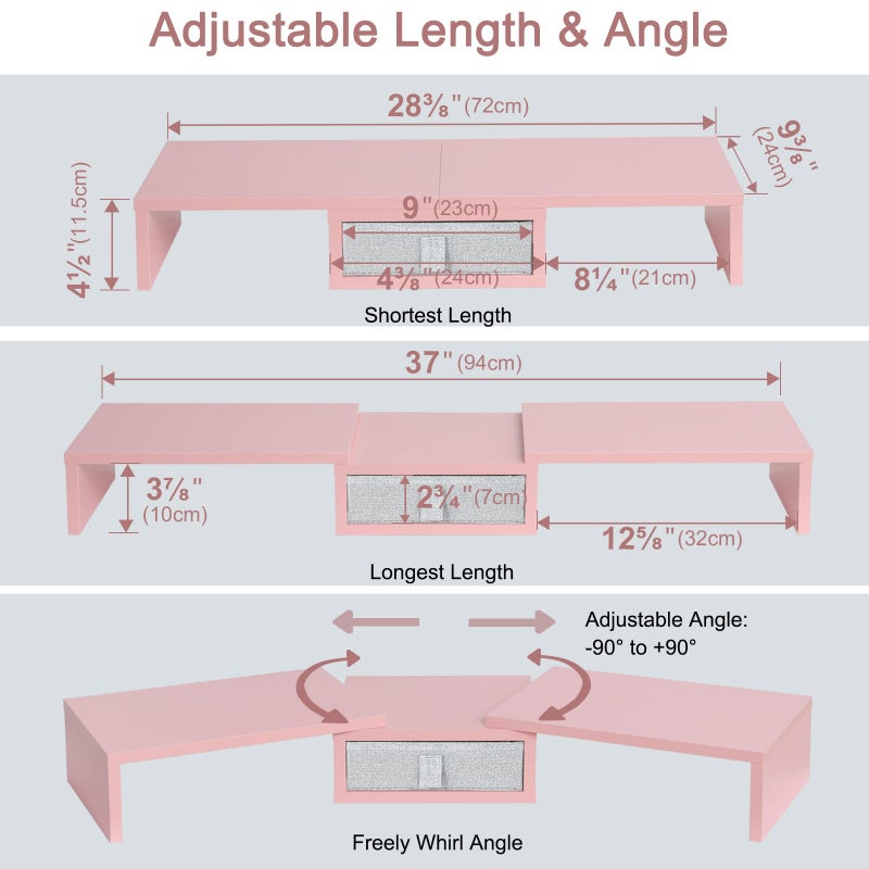TEAMIX Pink Dual Monitor Stand Riser with Drawer - Length and Angle Adjustable Double Corner Desk Shelf Organizer 37 inch for 2 Laptop/PC/Screen/TV - Image 5