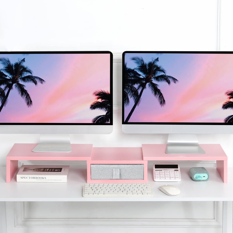TEAMIX Pink Dual Monitor Stand Riser with Drawer - Length and Angle Adjustable Double Corner Desk Shelf Organizer 37 inch for 2 Laptop/PC/Screen/TV - Image 2