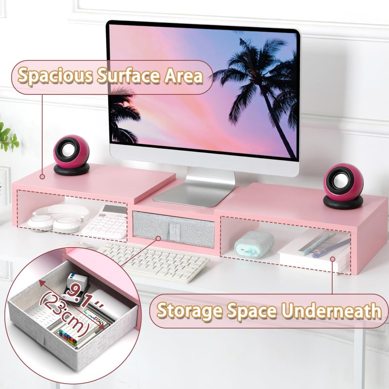 TEAMIX Pink Dual Monitor Stand Riser with Drawer - Length and Angle Adjustable Double Corner Desk Shelf Organizer 37 inch for 2 Laptop/PC/Screen/TV - Image 3