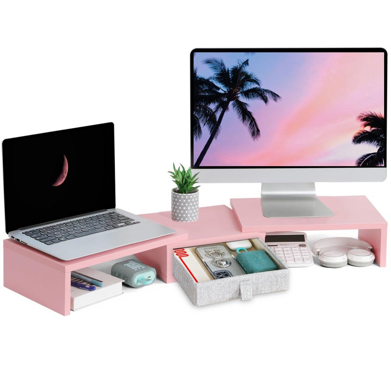 TEAMIX Pink Dual Monitor Stand Riser with Drawer - Length and Angle Adjustable Double Corner Desk Shelf Organizer 37 inch for 2 Laptop/PC/Screen/TV - Image 1