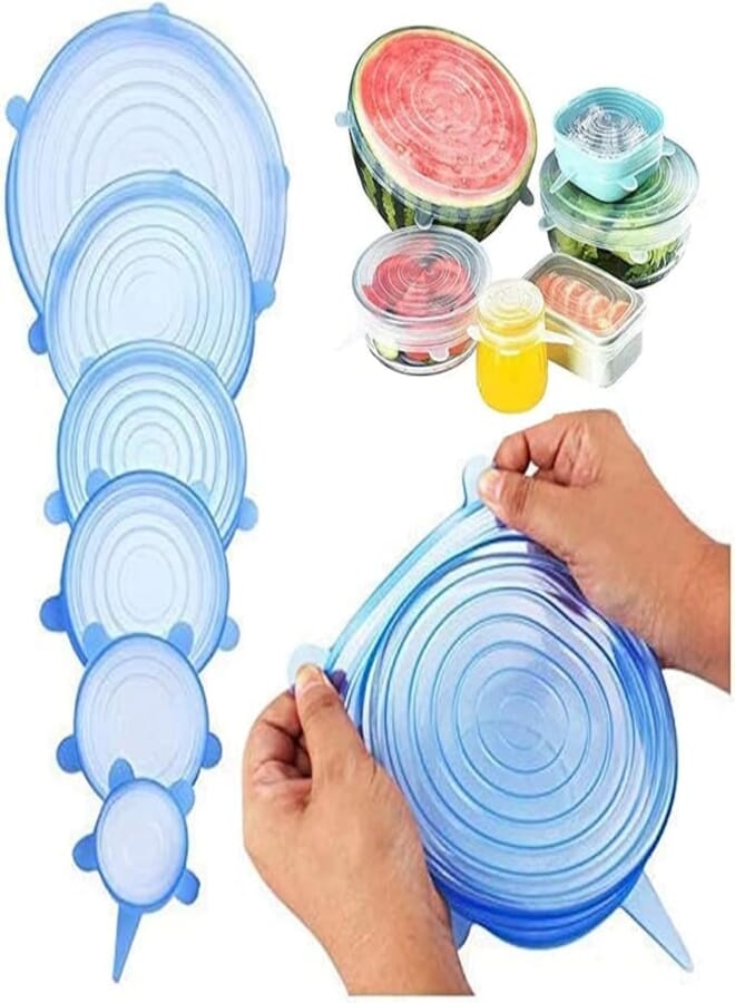 Silicone Strech Lids, Reusable Stretch For Food Container, Dishes, Bowls. Heat Resistant & Microwavable 6Pce Lids 21.59 X 19 X 4.8 Cm Blue
