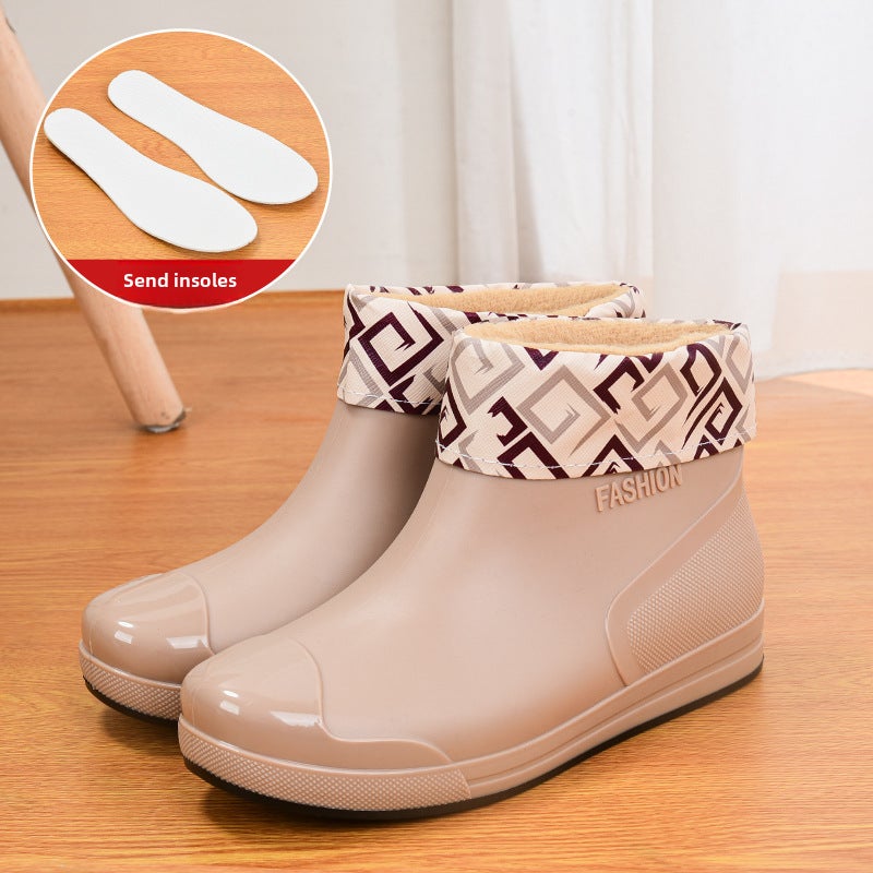Fashion Waterproof Womens Ankle Rain Boots Apricot (with cotton sleeve) 