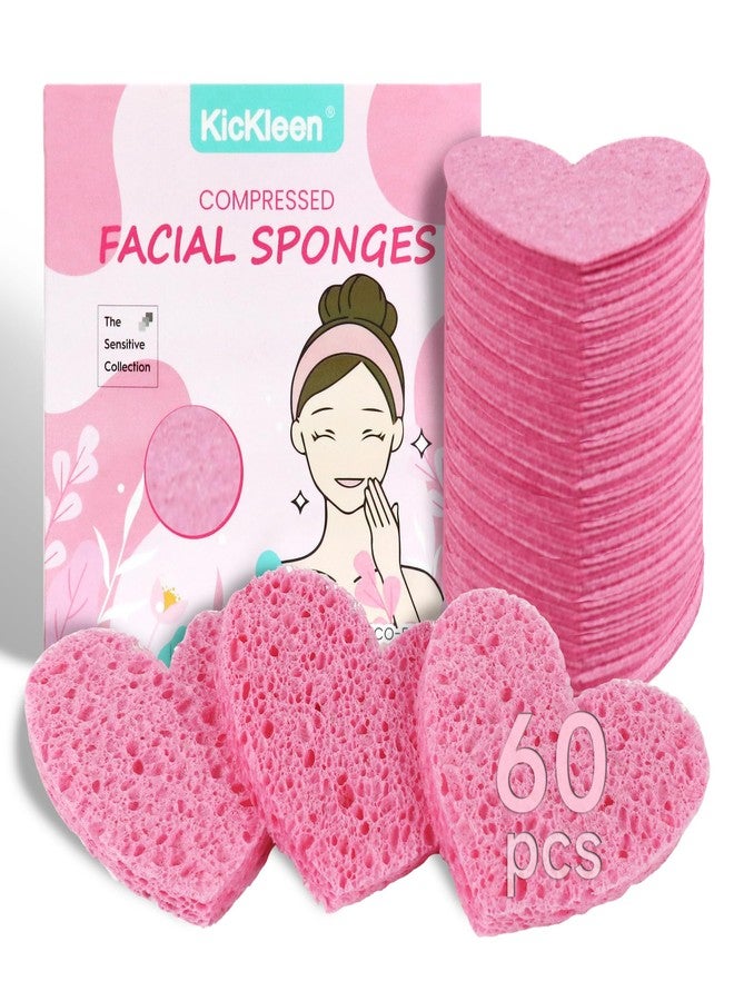 kickleen 60-Count Kickleen Compressed Cellulose Heart Shape Facial Sponges | 100% Natural Cosmetic Spa Sponges for Facial Cleansing | Exfoliating | Makeup and Mask Removal | Reusable |Skin Massage (Pink) - Image 1