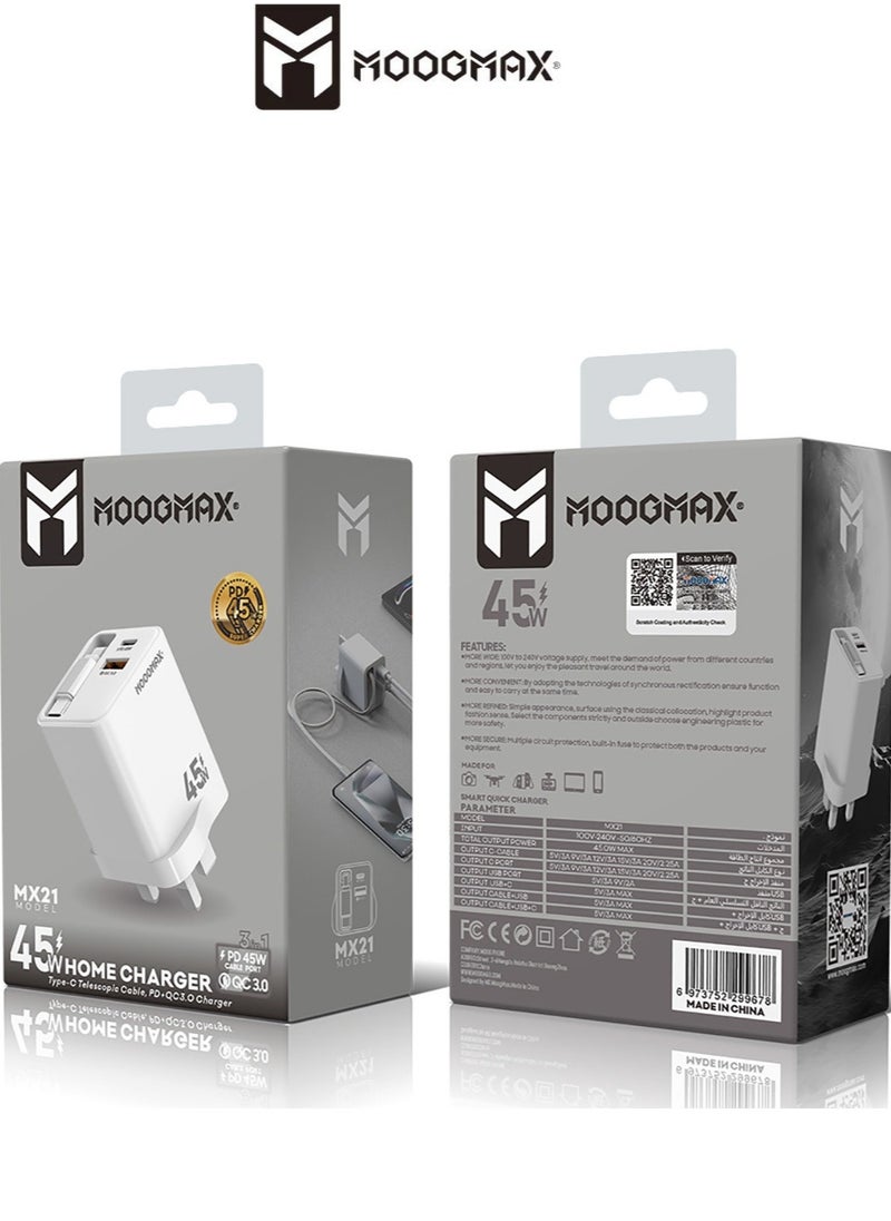 MOOGMAX Charger head with built-in Type-C cable, 45W wall charger, dual-port  (charger type c PD) & (USB), charger adapter supports Type-C iPhone charger and many other devices, type c adapter with overvoltage protection. Original type c charger from MoogMax.  - Image 4
