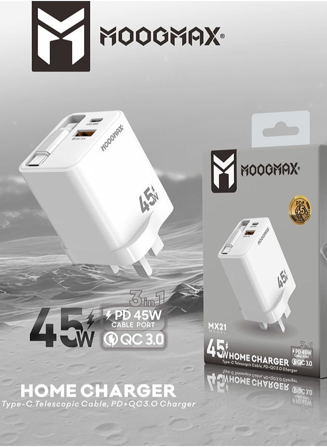MOOGMAX Charger head with built-in Type-C cable, 45W wall charger, dual-port  (charger type c PD) & (USB), charger adapter supports Type-C iPhone charger and many other devices, type c adapter with overvoltage protection. Original type c charger from MoogMax.  - Image 2