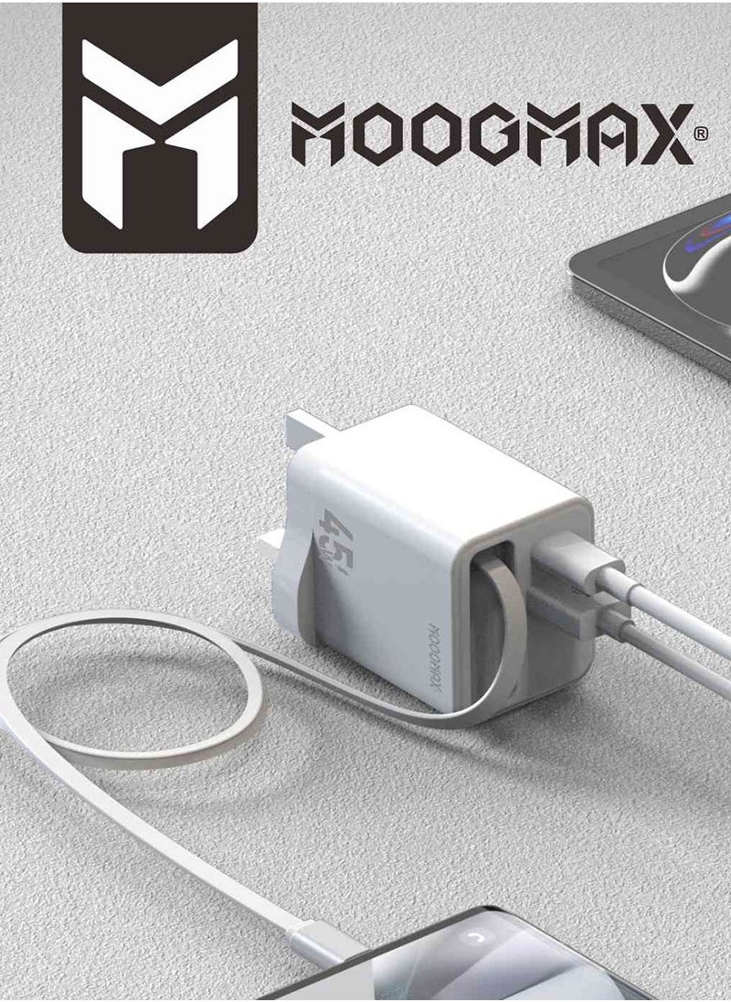MOOGMAX Charger head with built-in Type-C cable, 45W wall charger, dual-port  (charger type c PD) & (USB), charger adapter supports Type-C iPhone charger and many other devices, type c adapter with overvoltage protection. Original type c charger from MoogMax.  - Image 3