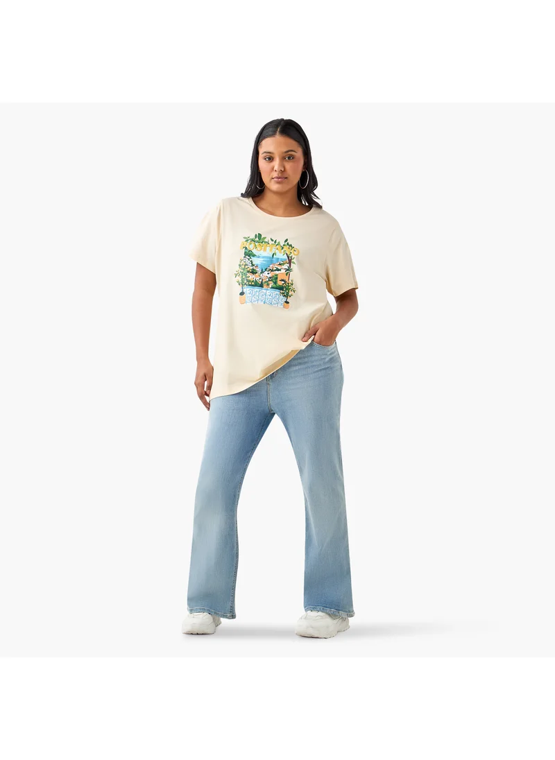  أولا بوبكن Plus Size Ulla Popken Landscape Print Round Neck T-shirt with Short Sleeves