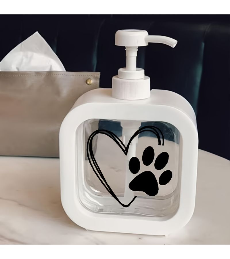 White Paw Print Soap Dispenser Pump Bottle With Heart Design Refillable - Image 1