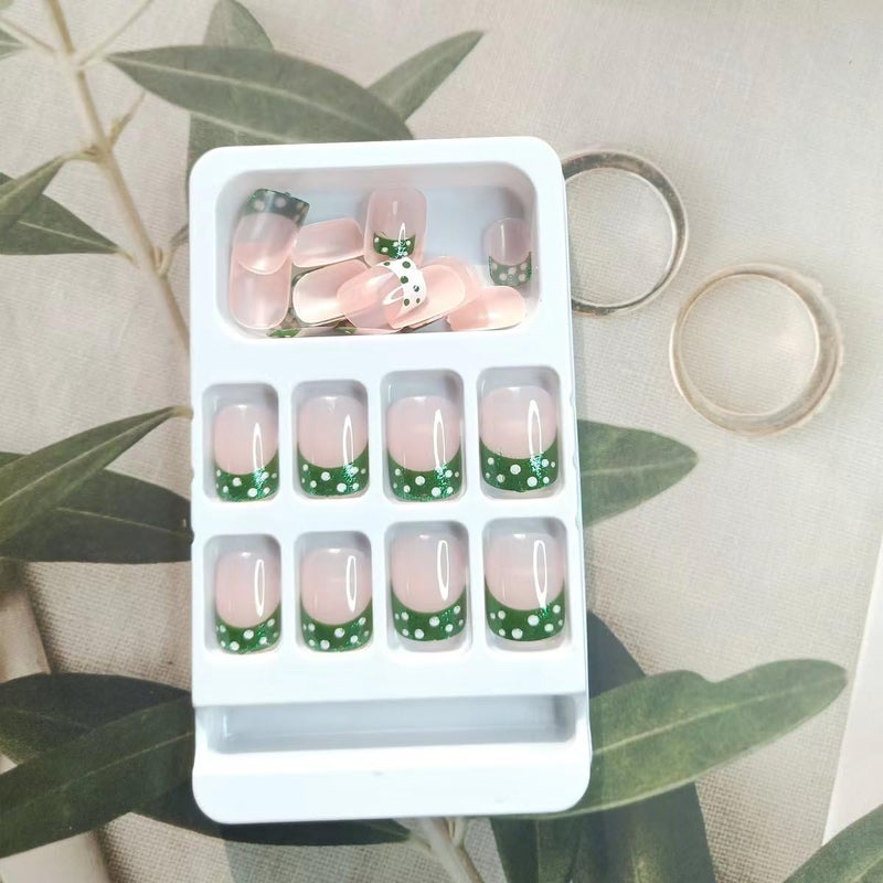 KRTBKR St Patrick's Day Press on Nails Short Square Fake Nails White Dots with Green Glitter Full Cover Tip Stick on Nails Shamrock Nude Nails Designs Glue on Nails Acrylic False Nails for Women DIY Irish - Image 5