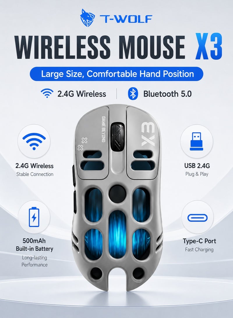 T-WOLF X3 Gaming Mouse Tri-Mode BT Wireless Hollow Design RGB Backlit Mechanical Mouse For Esports - Image 1