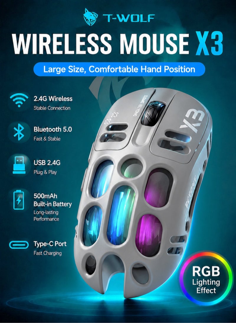 T-WOLF X3 Wireless Gaming Mouse, Tri-Mode Connection, PAW3311 Sensor, 12000 DPI, RGB Backlit, 70g Lightweight Honeycomb Design, Rechargeable Mouse for PC Gaming - Image 1