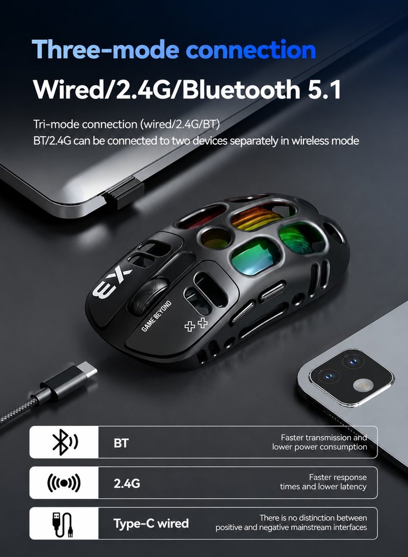 T-WOLF X3 Wireless Gaming Mouse, Tri-Mode Connection, PAW3311 Sensor, 12000 DPI, RGB Backlit, 70g Lightweight Honeycomb Design, Rechargeable Mouse for PC Gaming - Image 3
