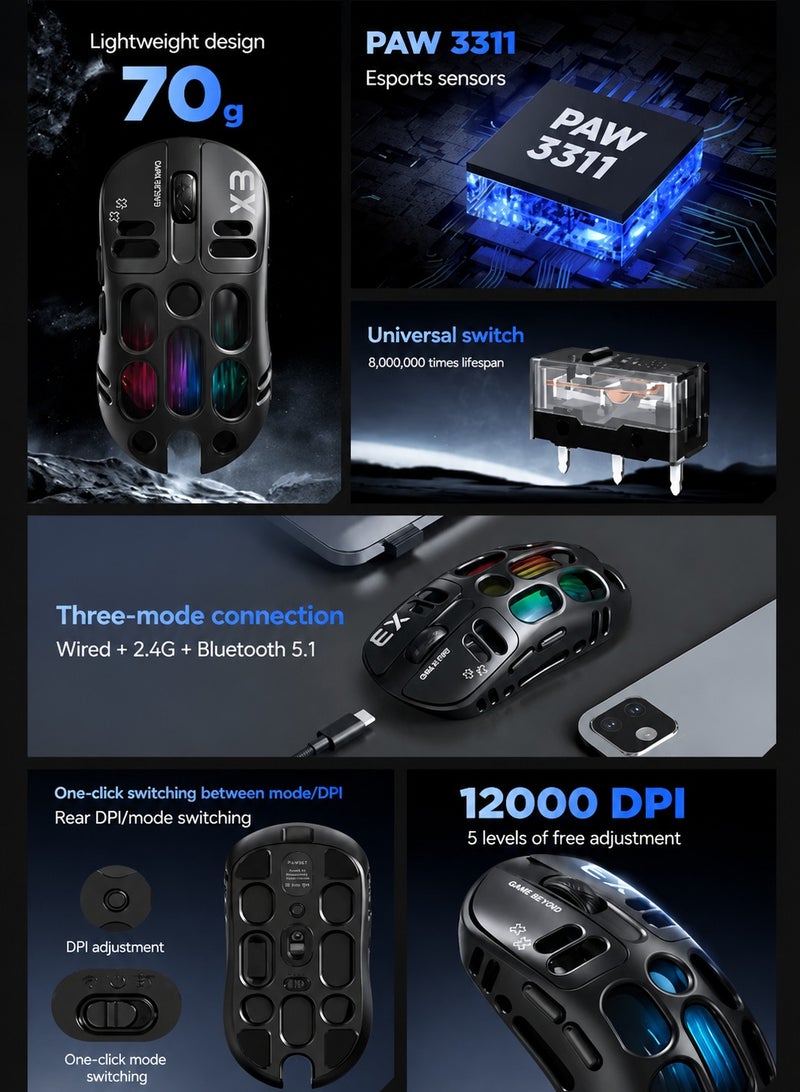 T-WOLF X3 Wireless Gaming Mouse, Tri-Mode Connection, PAW3311 Sensor, 12000 DPI, RGB Backlit, 70g Lightweight Honeycomb Design, Rechargeable Mouse for PC Gaming - Image 2