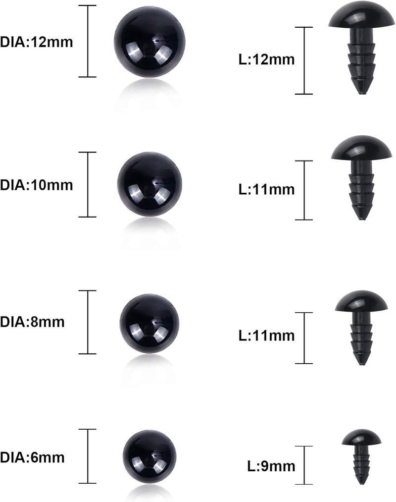 UPINS 500 Pieces 6-12MM Black Plastic Safety Eyes with Washers for Crochet Animal Crafts Doll Making Supplier Bulk (4 Sizes) - Image 2