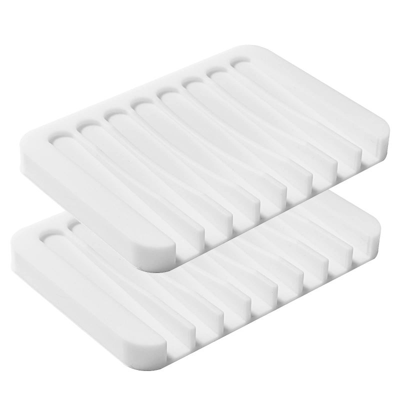 2PCS KAJUDA Self Draining Soap Dishes Premium Silicone Soap Holder  Saver for Shower Bathroom Bath Tub Razor Sponges Bar Soap Dish to Keep Soap Dry Can Extend Soap Life Easy Clean White